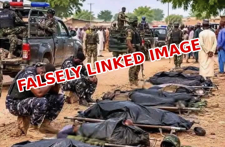 The photograph attached to the viral claim shows several uniformed security personnel, military-style vehicles and numerous bodies covered in black bags lying along a dusty road.