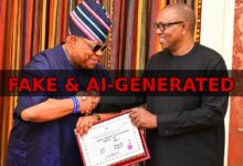 FAKE & AI-GENERATED Image of Obi and Adeleke shaking hands with the certificate of return