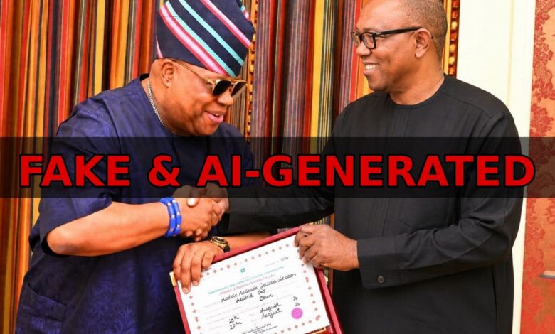 FAKE & AI-GENERATED Image of Obi and Adeleke shaking hands with the certificate of return