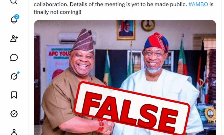The claim that the photograph of Governor Ademola Adeleke and Rauf Aregbesola shows a recent meeting in which Adeleke sought electoral collaboration ahead of the 2026 Osun governorship election is false.
