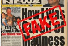 A scanned newspaper front page from PM News dated July 17, 2006, with a large red “FAKE” stamp across the page. The main headline reads “Low Madness,” with a subheadline mentioning Peter Obi, Anambra’s governor, giving testimony in church.