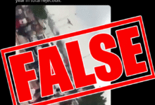Screenshot of an X post by DJ SpoiltKid, showing a claim that an ongoing “TINUBU MUST GO!” protest is taking place in Nyanya, Abuja, with a blurred video of people gathered on a street. A large bold red “FALSE” stamp is overlaid diagonally across the post.