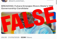Screenshot of an X post by verified user Sani Suleman Isah (@sani_suleman_) claiming, “BREAKING: Fubara Emerges Rivers State’s YPP Governorship Candidate.” A large bold red “FALSE” label is overlaid across the post and the photograph of a man. The screenshot shows 329K views, 315 comments, 514 reposts, 3.7K likes, and 140 bookmarks, with the timestamp 09:39 on September 21, 2026.