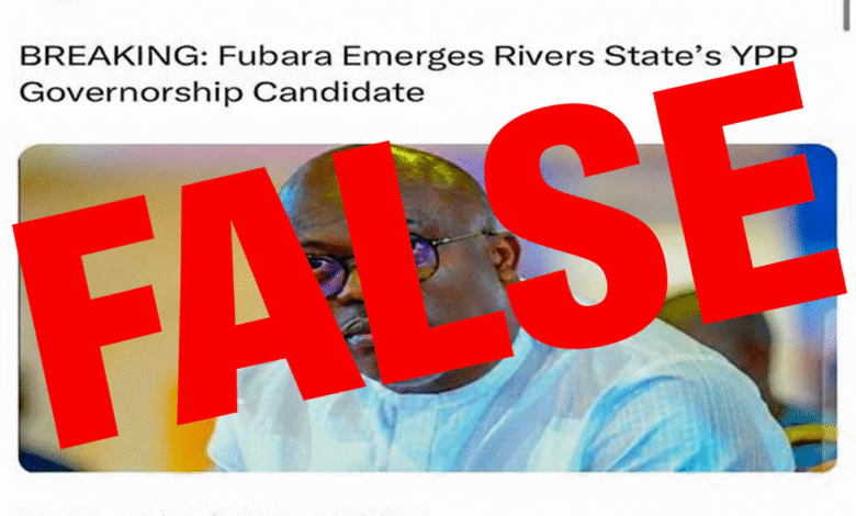 Screenshot of an X post by verified user Sani Suleman Isah (@sani_suleman_) claiming, “BREAKING: Fubara Emerges Rivers State’s YPP Governorship Candidate.” A large bold red “FALSE” label is overlaid across the post and the photograph of a man. The screenshot shows 329K views, 315 comments, 514 reposts, 3.7K likes, and 140 bookmarks, with the timestamp 09:39 on September 21, 2026.