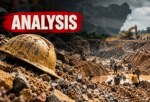 Editorial illustration of hazardous mining in Nigeria, showing a mud-covered yellow hard hat in the foreground, miners working in a large open-pit excavation, an excavator in the distance, and a dark map of Nigeria overlaid on the scene. A bold red banner reads “ANALYSIS.”