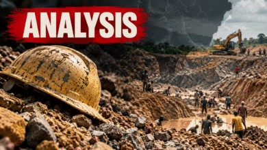Editorial illustration of hazardous mining in Nigeria, showing a mud-covered yellow hard hat in the foreground, miners working in a large open-pit excavation, an excavator in the distance, and a dark map of Nigeria overlaid on the scene. A bold red banner reads “ANALYSIS.”