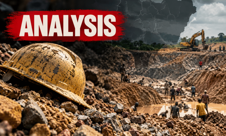 Editorial illustration of hazardous mining in Nigeria, showing a mud-covered yellow hard hat in the foreground, miners working in a large open-pit excavation, an excavator in the distance, and a dark map of Nigeria overlaid on the scene. A bold red banner reads “ANALYSIS.”