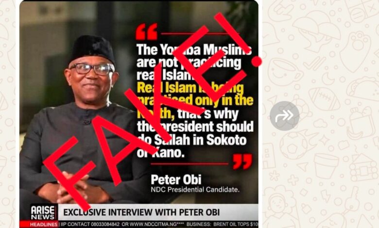 Caption: The graphic features a screenshot of Obi from an interview on Arise Television, giving the impression that the statement was made during the interview.