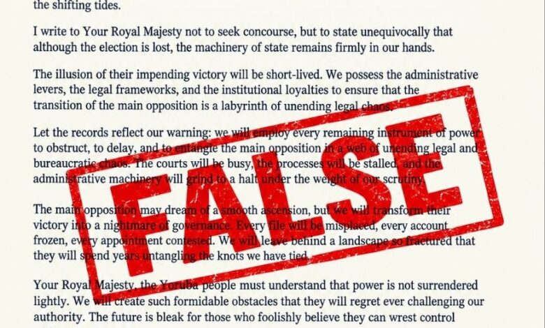 A purported All Progressives Congress letter dated September 19, 2026, addressed to the Oba of Lagos, with a large red “FAKE” stamp across the page. The letter is presented as being signed by Nigerian President Bola Ahmed Tinubu and contains political statements about an opposition party.