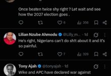 Screenshot of several X posts reacting to remarks attributed to Nigeria’s FCT Minister, Nyesom Wike, with comments discussing political accountability, the 2027 election, and public response.