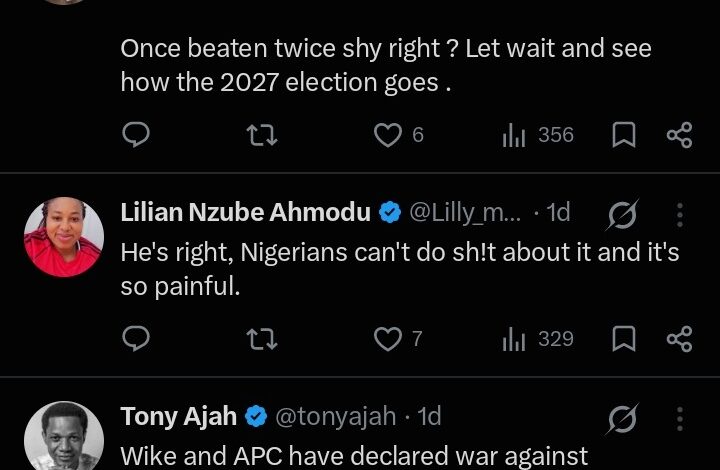 Screenshot of several X posts reacting to remarks attributed to Nigeria’s FCT Minister, Nyesom Wike, with comments discussing political accountability, the 2027 election, and public response.