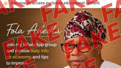 The claim that Fola Adeola is inviting members of the public to join a WhatsApp group for daily economic information and financial tips is false
