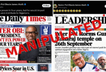A collage of Nigerian newspaper front pages and a social media post discussing Peter Obi and Nigerian politics, overlaid with a large, bold, slanted red “MANIPULATED” label across the centre.