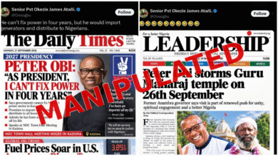 A collage of Nigerian newspaper front pages and a social media post discussing Peter Obi and Nigerian politics, overlaid with a large, bold, slanted red “MANIPULATED” label across the centre.
