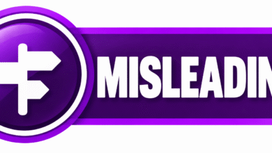 Purple and black badge featuring white directional arrows and the word “MISLEADING” in bold, uppercase white lettering.