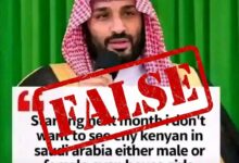 An image featuring Saudi Crown Prince Mohammed bin Salman against a green background, with a large red “FALSE” stamp across a viral claim alleging that Saudi Arabia would stop accepting Kenyan citizens, including domestic workers. The image carries the watermark “Kenyans.co.ke.”