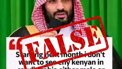 An image featuring Saudi Crown Prince Mohammed bin Salman against a green background, with a large red “FALSE” stamp across a viral claim alleging that Saudi Arabia would stop accepting Kenyan citizens, including domestic workers. The image carries the watermark “Kenyans.co.ke.”