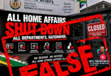 Screenshot of a HomeAffairsSA social media post warning against fake news. The post features a graphic claiming that all South African Home Affairs offices and departments are shut down nationwide until further notice, with a large red “FAKE NEWS” stamp across an image of a Home Affairs office.