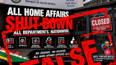 Screenshot of a HomeAffairsSA social media post warning against fake news. The post features a graphic claiming that all South African Home Affairs offices and departments are shut down nationwide until further notice, with a large red “FAKE NEWS” stamp across an image of a Home Affairs office.