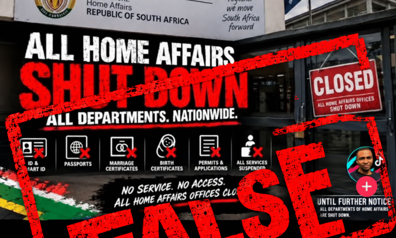 Screenshot of a HomeAffairsSA social media post warning against fake news. The post features a graphic claiming that all South African Home Affairs offices and departments are shut down nationwide until further notice, with a large red “FAKE NEWS” stamp across an image of a Home Affairs office.