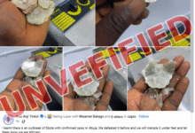 Hand holding several pieces of a translucent, flaky mineral, with close-up views of individual fragments. The image is overlaid with the bold, slanted red text “UNVEFIFIED.”