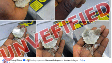 Hand holding several pieces of a translucent, flaky mineral, with close-up views of individual fragments. The image is overlaid with the bold, slanted red text “UNVEFIFIED.”