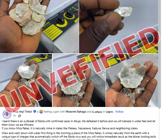 Hand holding several pieces of a translucent, flaky mineral, with close-up views of individual fragments. The image is overlaid with the bold, slanted red text “UNVEFIFIED.”