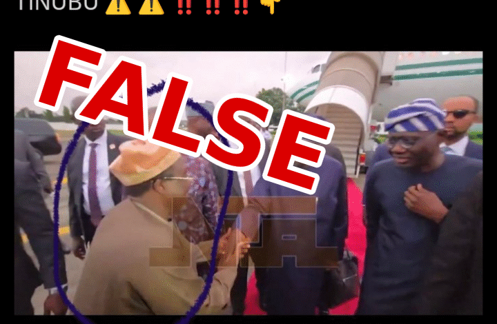 A social media post falsely claiming that the INEC chairman will rig elections for President Bola Tinubu, with an image of Nigerian officials.