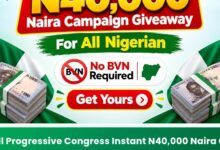 Graphic advertising an alleged APC ₦40,000 instant naira campaign giveaway for Nigerians, featuring the party’s logo, bundles of naira notes, a “No BVN Required” claim, and a “Get Yours” button.