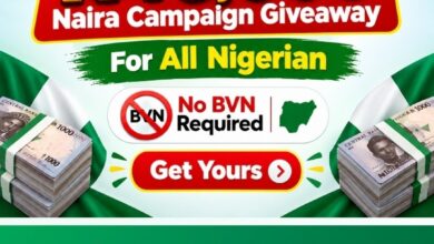 Graphic advertising an alleged APC ₦40,000 instant naira campaign giveaway for Nigerians, featuring the party’s logo, bundles of naira notes, a “No BVN Required” claim, and a “Get Yours” button.