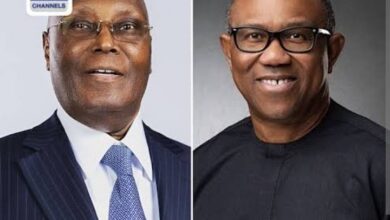 A split-image portrait showing two Nigerian men wearing formal traditional and Western attire, with a Channels Television logo in the upper-left corner.
