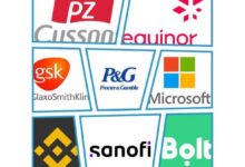 A collage of corporate logos featuring PZ Cussons, Equinor, GSK (GlaxoSmithKline), Procter & Gamble (P&G), Microsoft, Binance, Sanofi, and Bolt, arranged in separate geometric panels outlined in blue.