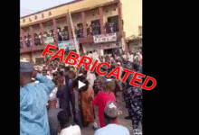 A screenshot of a social media post claiming that Peter Obi visited Kwara State, showing a crowded street with security personnel and civilians. The word “FABRICATED” is written in bold, slanted red lettering across the image.