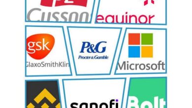 A collage of corporate logos featuring PZ Cussons, Equinor, GSK (GlaxoSmithKline), Procter & Gamble (P&G), Microsoft, Binance, Sanofi, and Bolt, arranged in separate geometric panels outlined in blue.