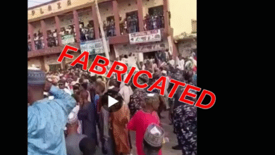 A screenshot of a social media post claiming that Peter Obi visited Kwara State, showing a crowded street with security personnel and civilians. The word “FABRICATED” is written in bold, slanted red lettering across the image.