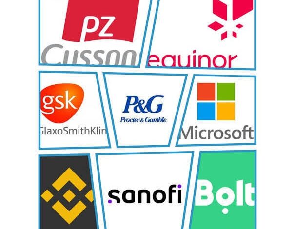 A collage of corporate logos featuring PZ Cussons, Equinor, GSK (GlaxoSmithKline), Procter & Gamble (P&G), Microsoft, Binance, Sanofi, and Bolt, arranged in separate geometric panels outlined in blue.