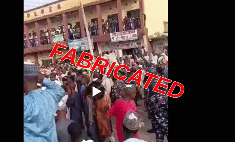 A screenshot of a social media post claiming that Peter Obi visited Kwara State, showing a crowded street with security personnel and civilians. The word “FABRICATED” is written in bold, slanted red lettering across the image.